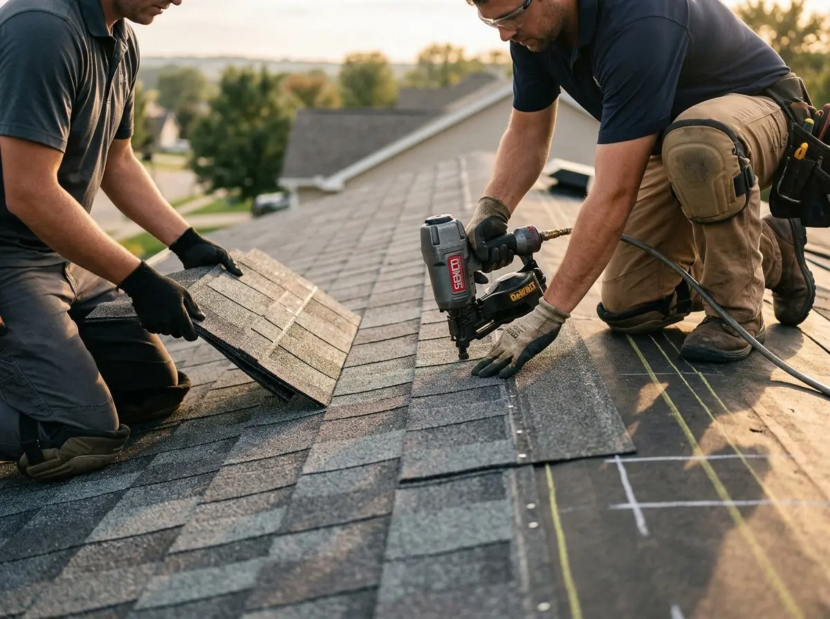 Professional roofer working on a residential roof in Apple Valley